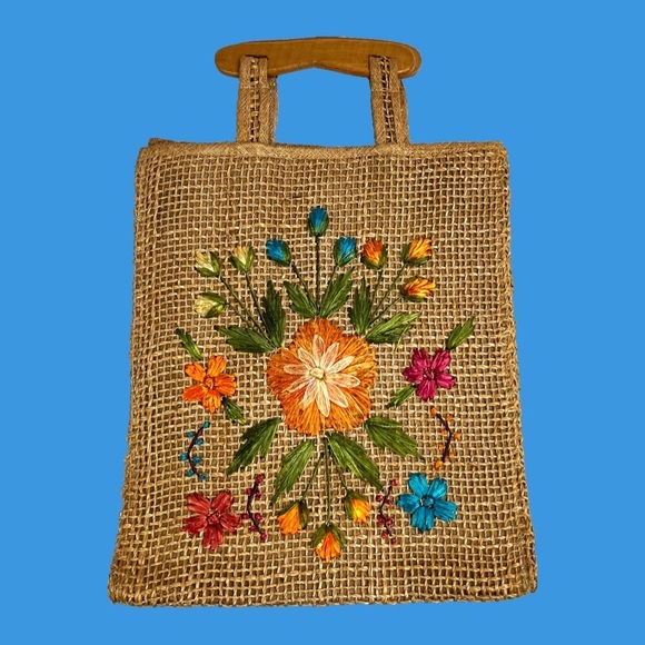 60s Vintage Burlap and Straw Handbag With Wood Handles, Boho Chic Tote Bag - Picture 1 of 4